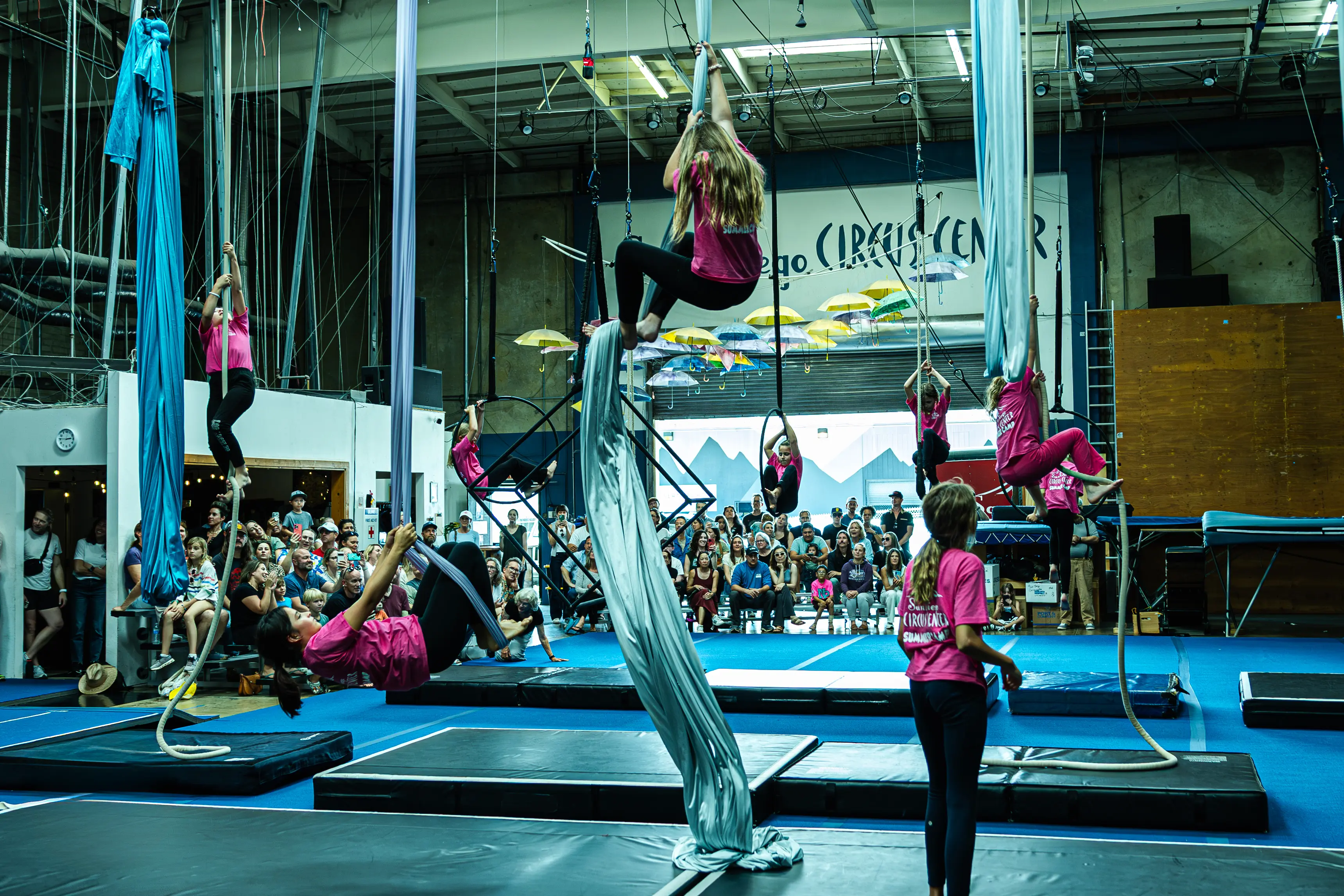 Kids learning circus arts at summer camp